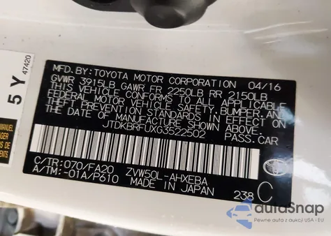 2016 Toyota Prius Two from USA, damaged, VIN JTDKBRFUXG3522502